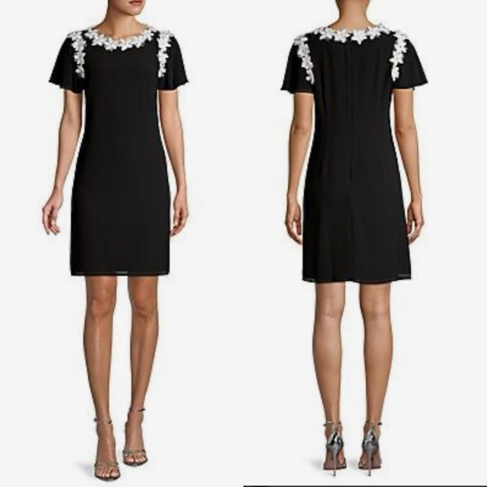 Shani Short-Sleeve A-Line Georgette Dress with Floral Appliques NWT Sz 14 #146